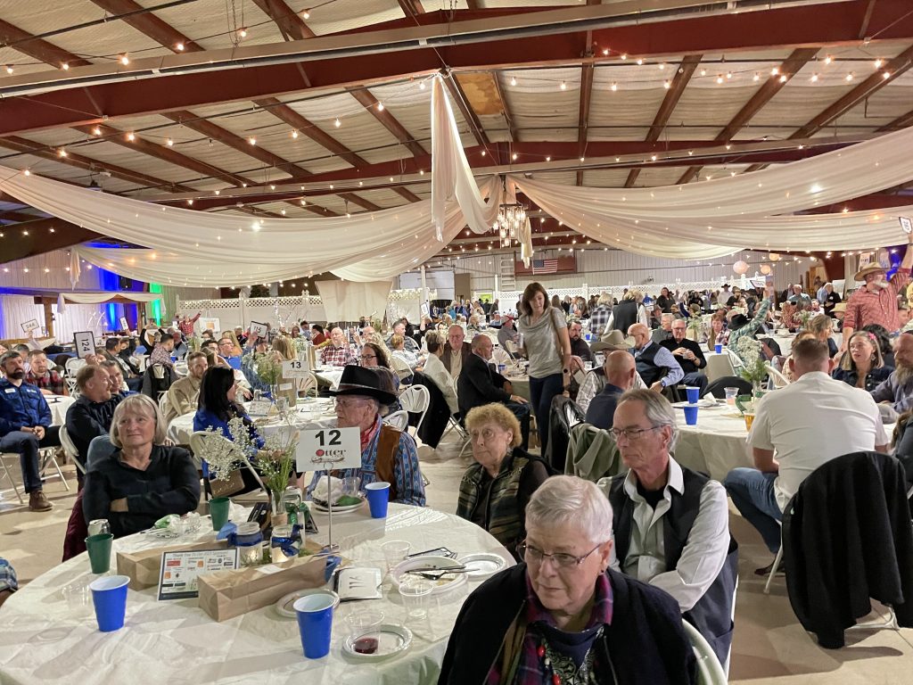 Ballroom with people sitting at tables.