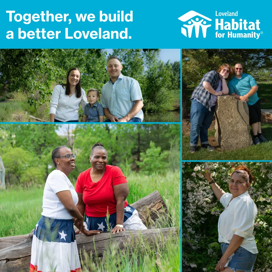 Collage of homeowners. Reads "Together, we build a better Loveland."